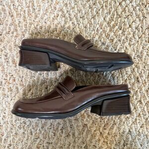 Anne Klein iFlex Brown Leather Mule Loafers Square Toe Block Heel Womens 6.5M